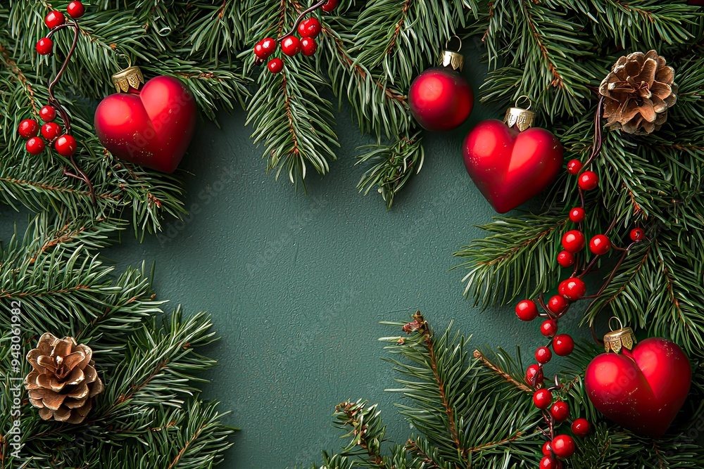 Christmas fir tree branches on green background with copy space. Top view Christmas fir tree branches on green background with copy space. Top view