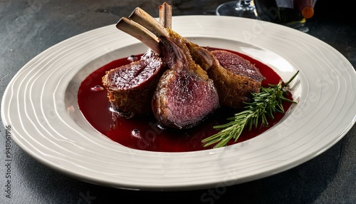 Sous-vide rack of lamb with rosemary honey crust and port wine reduction
