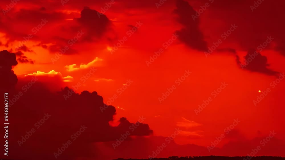 Stunning sunset view with vibrant red sky and dramatic clouds over the horizon near the coastline on a clear evening