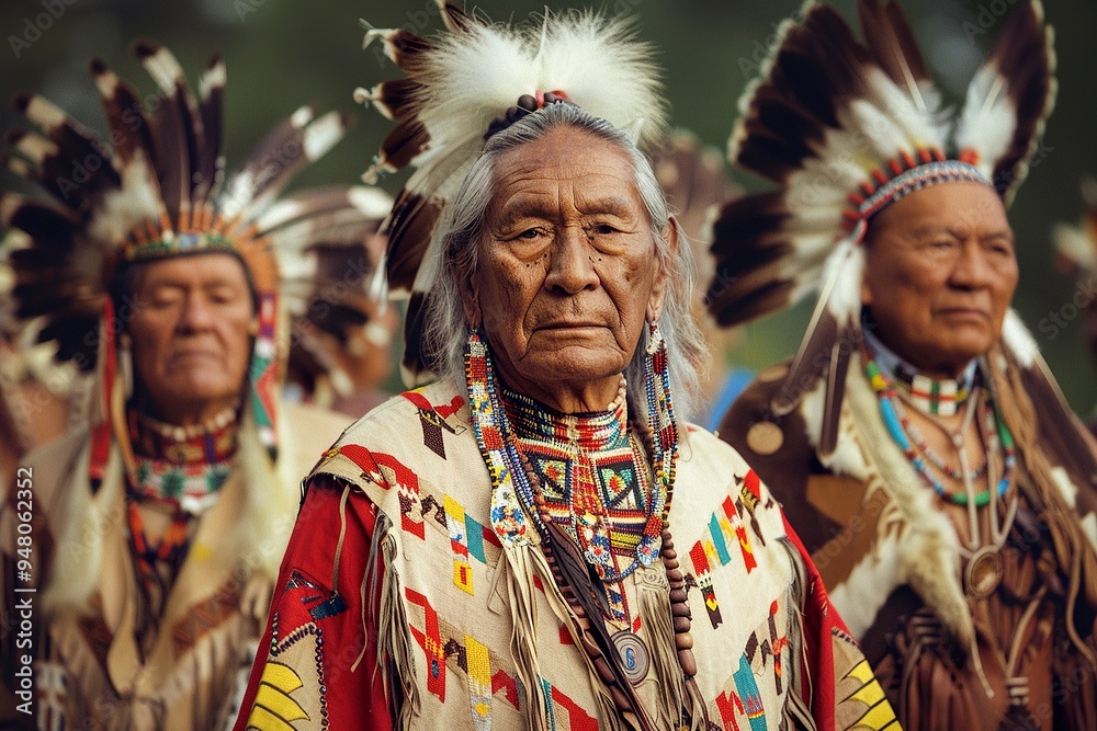 Fototapeta premium Group of male Cherokee elders in ceremonial attire