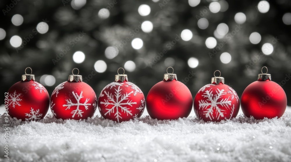 Festive red christmas ornaments lined up in Festive red christmas ornaments lined up in