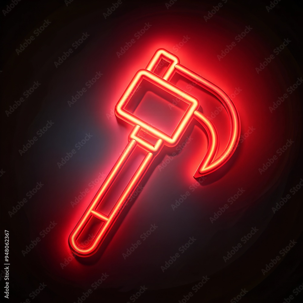 neon shining red hammer on black background for workshop , neon sparkling sign neon shining red hammer on black background for workshop , neon sparkling sign