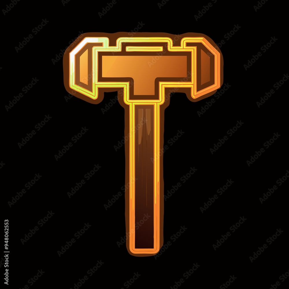 neon shining light hammer on black background for workshop , neon sparkling sign