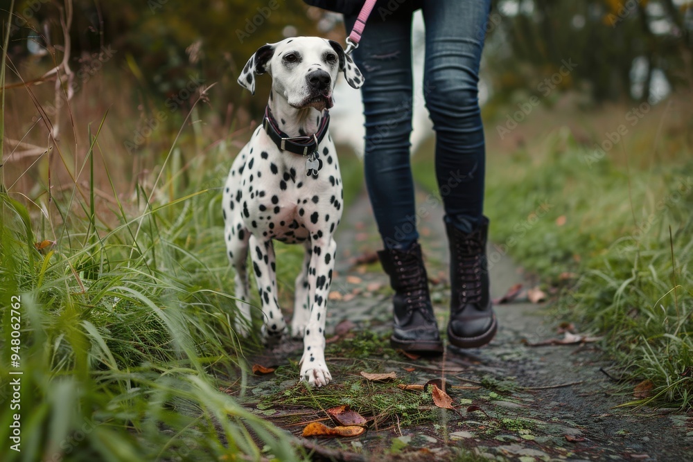 Living with a Dog Dalmatian on the leash walking along a country footpath with its owner Living with a Dog Dalmatian on the leash walking along a country footpath with its owner