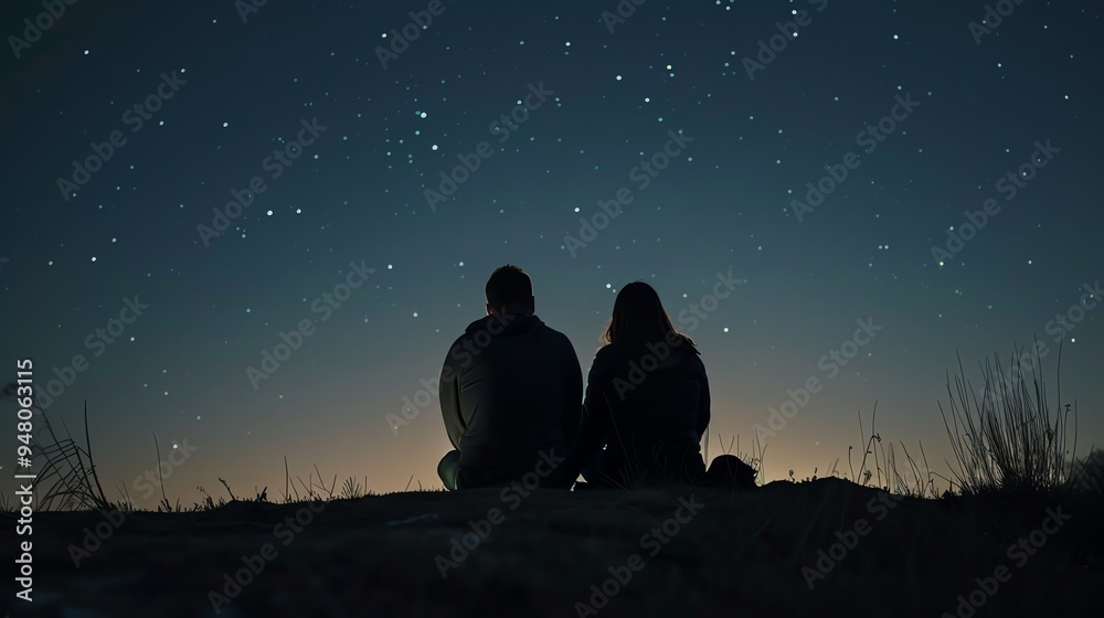 Silhouettes of a couple sitting on a hill, looking up at the stars. Silhouettes of a couple sitting on a hill, looking up at the stars.