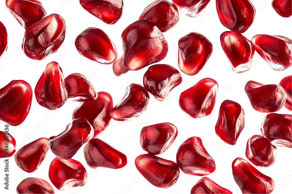 Fototapeta premium Floating Pomegranate Arils: Ruby Red Burst on White