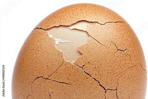 Close-up of cracked brown eggshell on white background