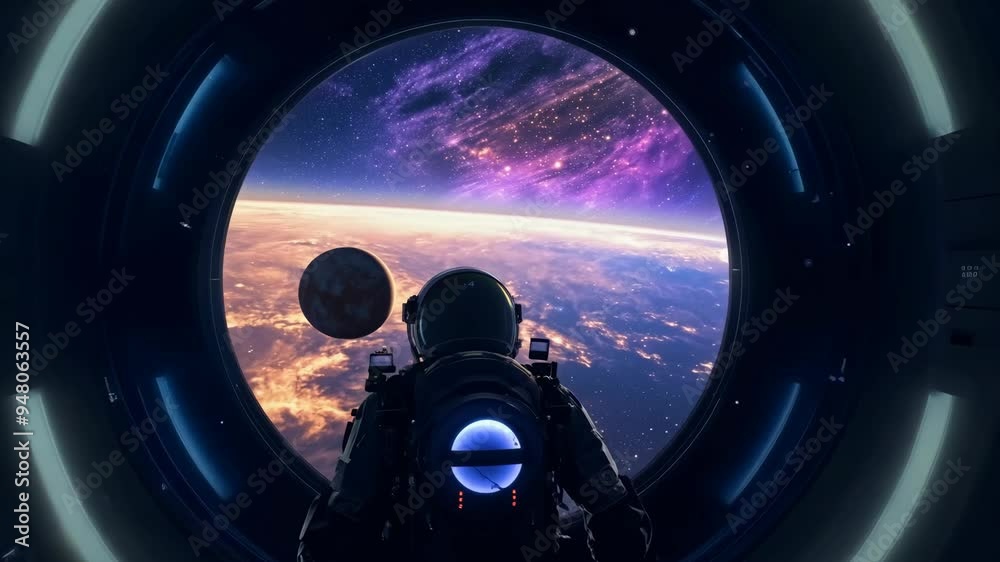 Astronaut gazes out at Earth from the spacecraft window during a cosmic journey in deep space at dawn Astronaut gazes out at Earth from the spacecraft window during a cosmic journey in deep space at dawn
