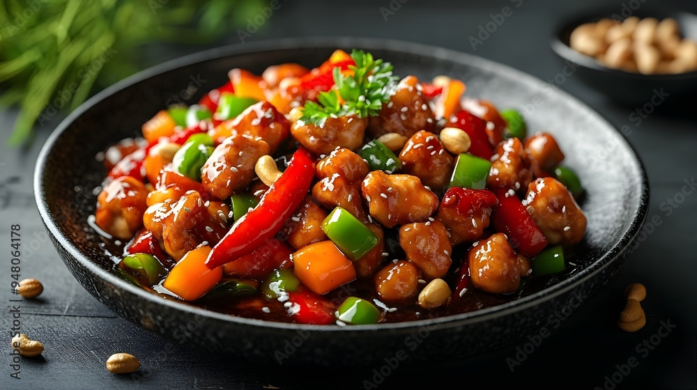 Vibrant 3D Rendition of Sichuan Style Kung Pao Chicken Dish with Colorful Peppers and Peanuts Vibrant 3D Rendition of Sichuan Style Kung Pao Chicken Dish with Colorful Peppers and Peanuts