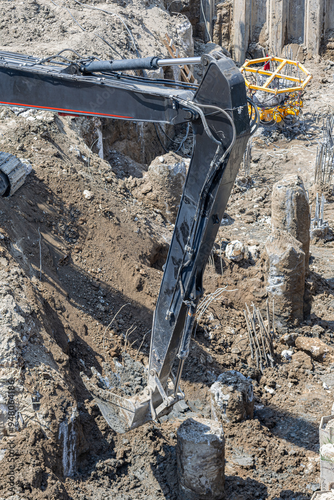 Türkiye - Izmir 27 August 2024 Construction site. Ground reinforcement works with concrete columns on soft ground.