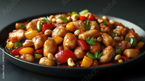 Vibrant Kung Pao Chicken Dish with Sichuan Flavors in 3D Rendering photo