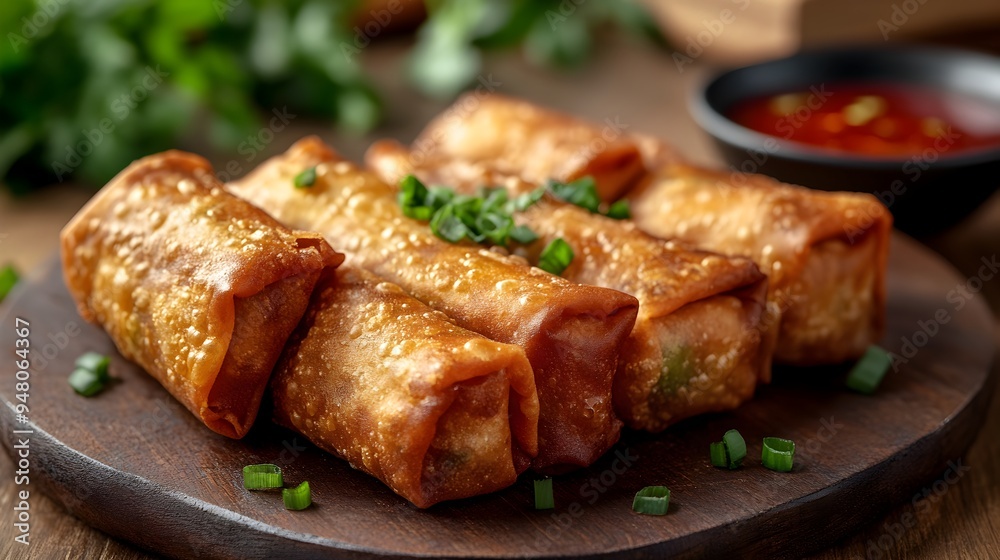 Close up of Crispy and Perfectly Textured Chinese Spring Rolls with Dipping Sauce Close up of Crispy and Perfectly Textured Chinese Spring Rolls with Dipping Sauce