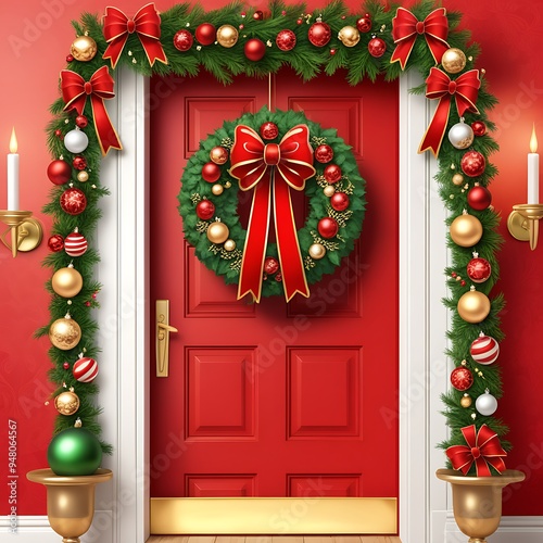 festive christmas door decoration, christmas wreath on a door