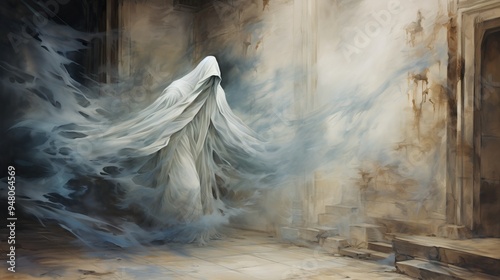 A mysterious ghost figure shrouded in ethereal mist, haunting a deserted room with an aura of supernatural intrigue.