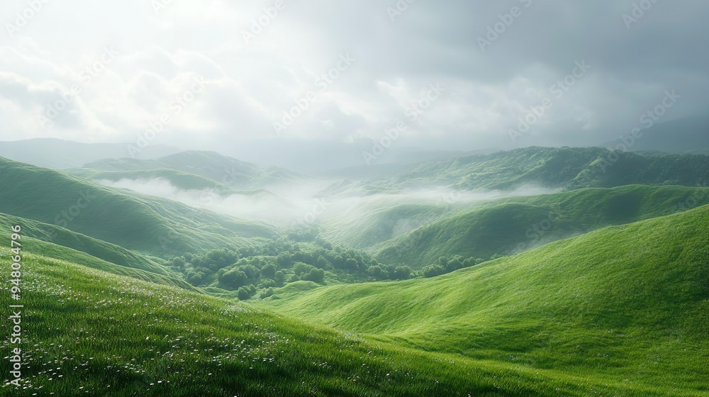 Fototapeta premium Serene Highland Landscape with Lush Rolling Hills and Gentle Misty Horizons Creating a Peaceful Setting