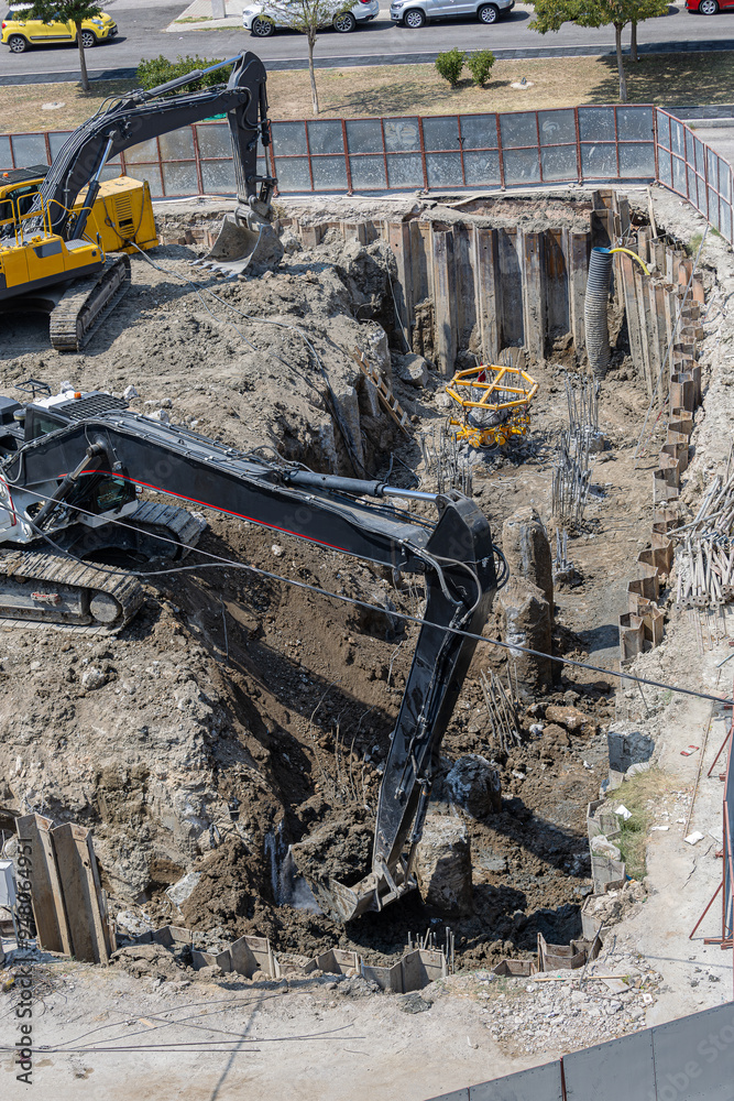 Türkiye - Izmir 27 August 2024 Construction site. Ground reinforcement works with concrete columns on soft ground.