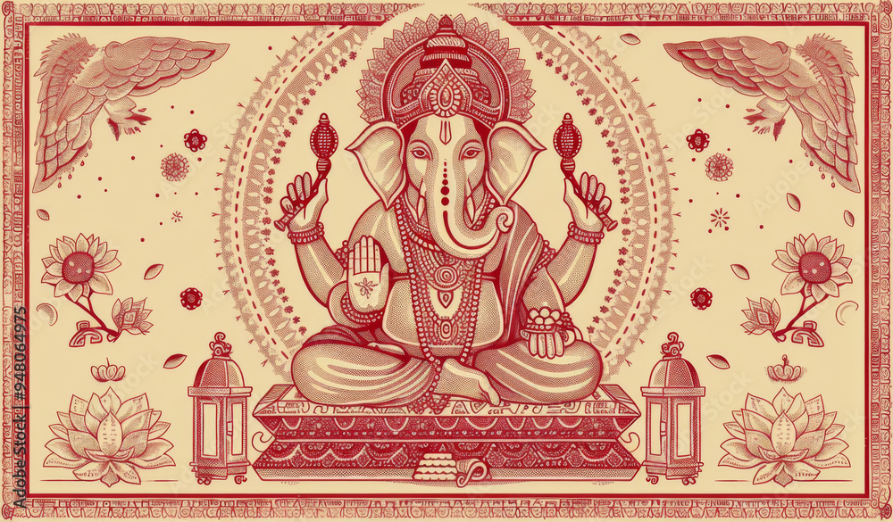 Obraz premium Vintage Style Red Ink Illustration of Lord Ganesha with Floral and Winged Accents