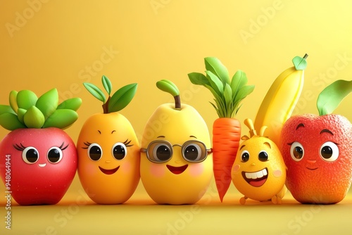 A Group of Smiling Fruits and Vegetables with Cartoon Faces