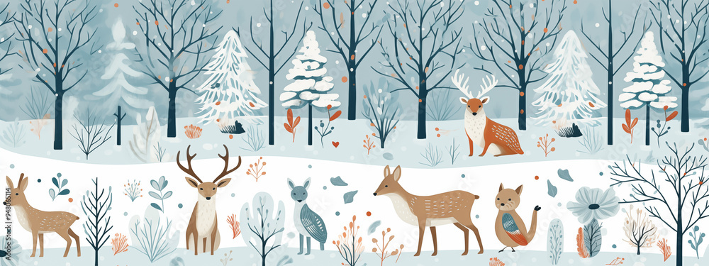 Winter Forest Scene With Deer Birds And Snow-Covered Trees In A Tranquil Setting Winter Forest Scene With Deer Birds And Snow-Covered Trees In A Tranquil Setting