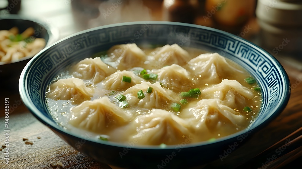 Close up of a 3D Rendered Bowl of Delicate Wonton Soup with Floating Dumplings Close up of a 3D Rendered Bowl of Delicate Wonton Soup with Floating Dumplings
