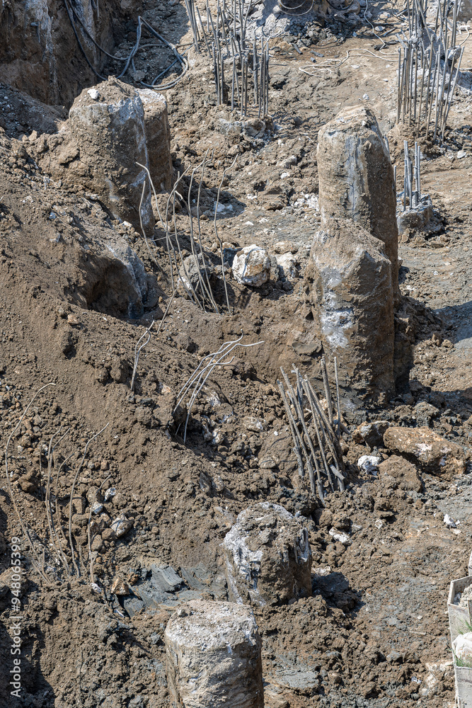 Türkiye - Izmir 27 August 2024 Construction site. Ground reinforcement works with concrete columns on soft ground.