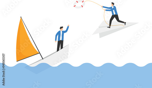 a man in a business suit throws a life ring from a paper airplane,
