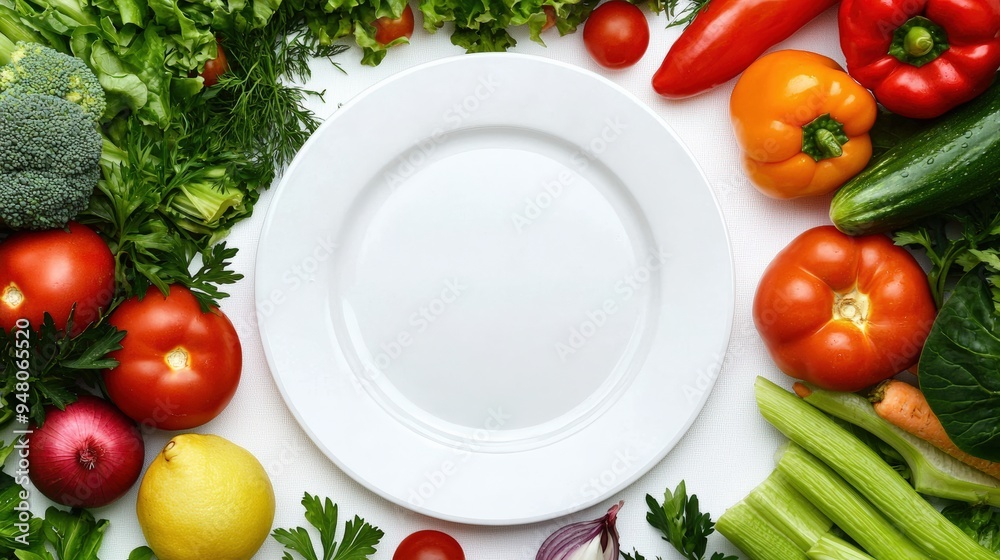 Empty White Plate Surrounded by Fresh, Colorful Vegetables, Perfect for a Healthy Vegetarian Meal Empty White Plate Surrounded by Fresh, Colorful Vegetables, Perfect for a Healthy Vegetarian Meal