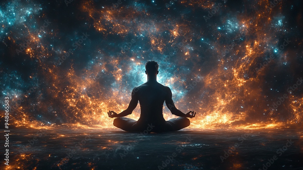 silhouette of a man Meditating with cosmic space Background Featuring Calmness, Serenity, and Inner Peace, new beautiful stock image illustration AI silhouette of a man Meditating with cosmic space Background Featuring Calmness, Serenity, and Inner Peace, new beautiful stock image illustration AI