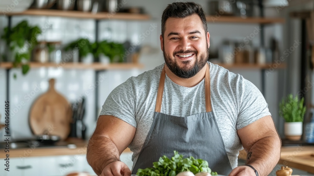 A plus-size man cooking in the kitchen, wearing an apron and preparing a delicious meal with a cheerful expression, copy space