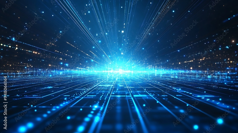 Naklejka premium Abstract digital landscape with blue glowing lights and data points, representing technology and futuristic innovation.