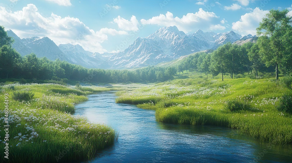 Fototapeta premium Peaceful River Valley with Softly Flowing Stream and Rich Green Vegetation in a Tranquil Setting