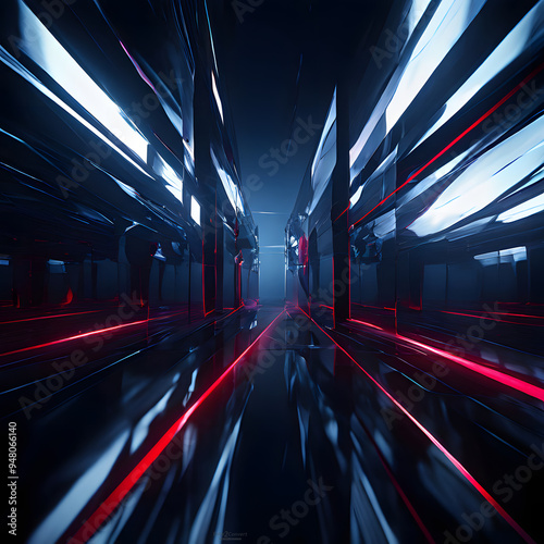 An abstract background featuring nine bold lines of light and shadow, dancing in red and black gradients