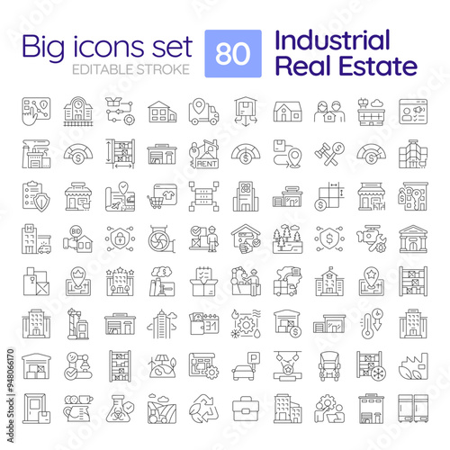 Industrial real estate linear icons set. Storage property. Logistics and production buildings. Customizable thin line symbols. Isolated vector outline illustrations. Editable stroke