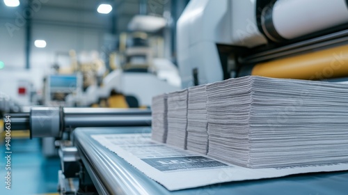 A printing press room with large machines rolling out stacks of newspapers, the air filled with the smell of ink