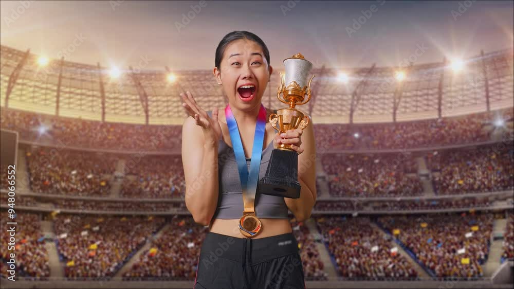 Asian Woman With A Gold Medal Looking At A Gold Trophy In Her Hands And ...