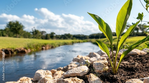 A riverbank restoration with native plants and erosion control measures, improving the surrounding ecosystem photo