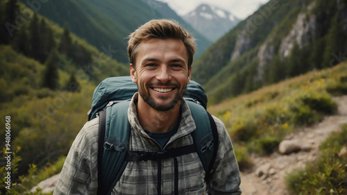 adult caucasian boy hiking trail background portrait shot