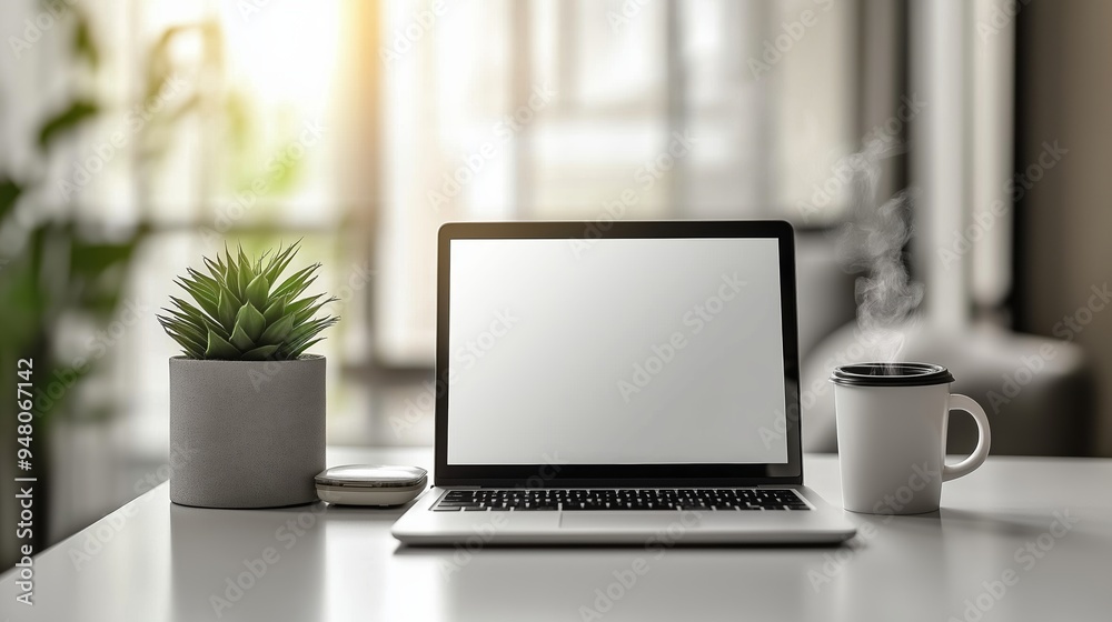 A modern, minimalist office workspace with a silver laptop, steaming coffee mug, and a potted succulent on a clean white desk, illuminated by natural light A modern, minimalist office workspace with a silver laptop, steaming coffee mug, and a potted succulent on a clean white desk, illuminated by natural light