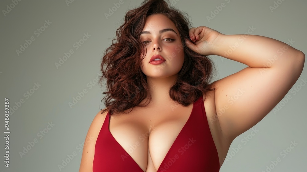 A young plus-size woman embracing her curves in a form-fitting dress, striking a powerful, confident pose, copy space A young plus-size woman embracing her curves in a form-fitting dress, striking a powerful, confident pose, copy space