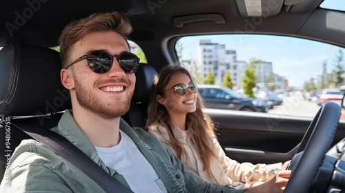 Happy couple enjoying a road trip together in a car, driving down a city street.