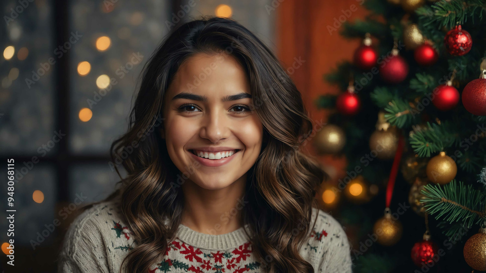 adult hispanic girl christmas tree background portrait shot adult hispanic girl christmas tree background portrait shot