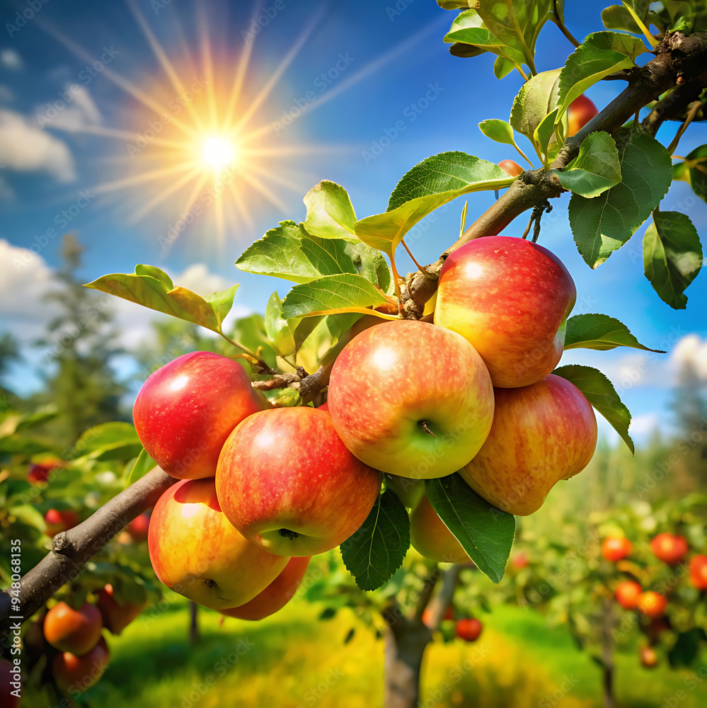 A branch with apples on it and the sun behind them. A branch with apples on it and the sun behind them.
