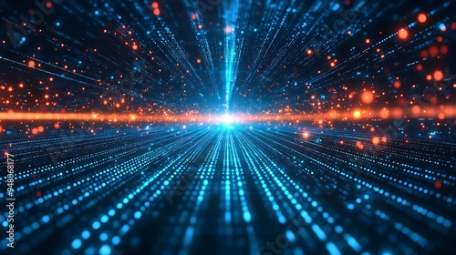 Abstract digital technology background featuring vibrant blue and orange light patterns, creating a futuristic virtual space.