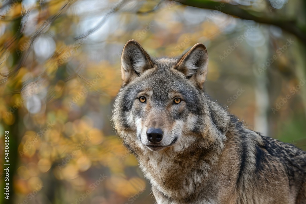 Gray wolf with intense yellow eyes is standing in an autumnal forest Gray wolf with intense yellow eyes is standing in an autumnal forest
