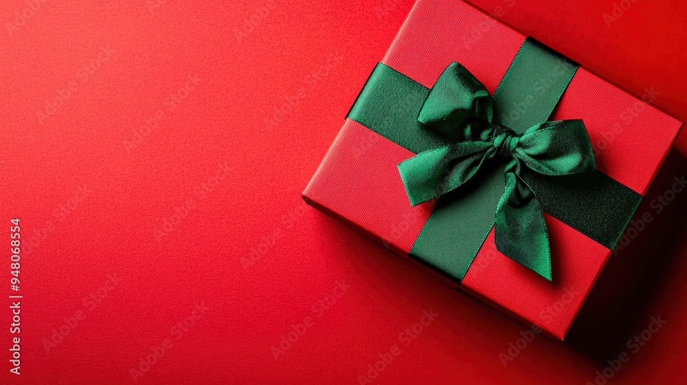 Red Gift Box with Green Bow on Red Background, Festive Present with Copy Space Red Gift Box with Green Bow on Red Background, Festive Present with Copy Space