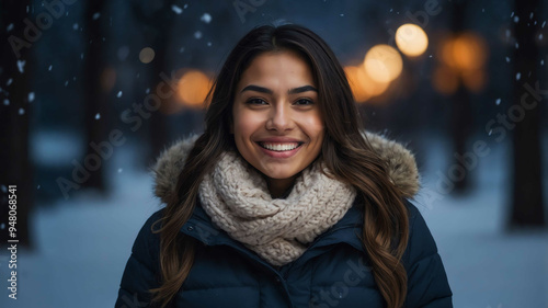 adult hispanic girl winter night background portrait shot