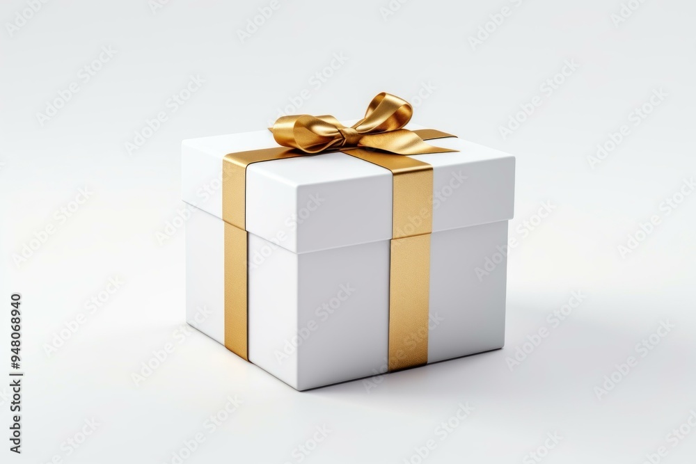 Single white gift box tied with a shiny golden ribbon on a clean white background Single white gift box tied with a shiny golden ribbon on a clean white background