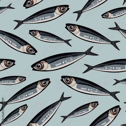 Vector seamless pattern with sardines on light blue background