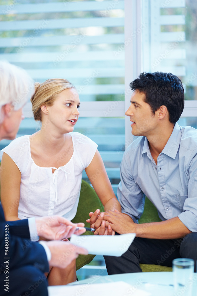 Fototapeta premium Financial advisor, consulting and couple in office with documents for planning, insurance and mortgage. Contract, discussion and man and woman with consultant for finance review, budget and meeting