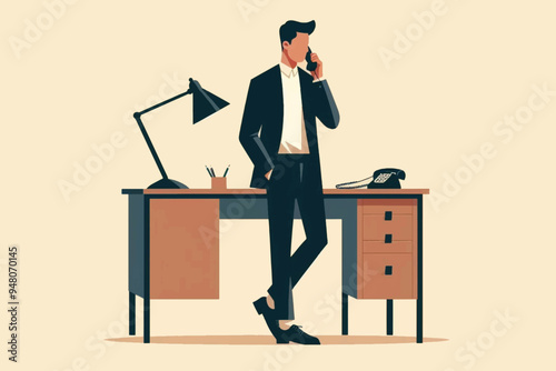 Illustration of A businessman talks on the phone in a serious tone while standing at the edge of his desk